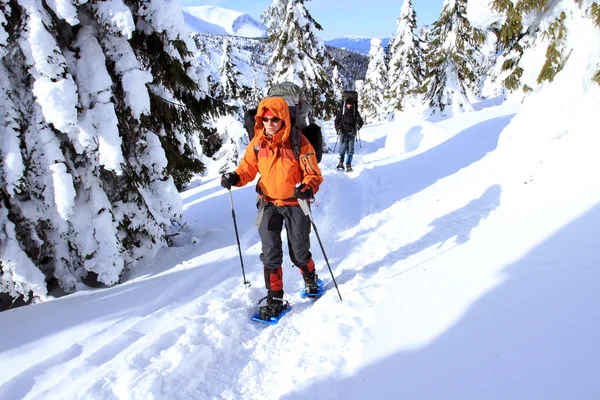 Hiker in winter mountains snowshoeing — Stock Photo, Image