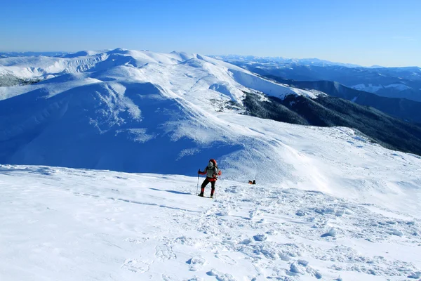 Wandelaar in winter bergen sneeuwschoenen — Stockfoto