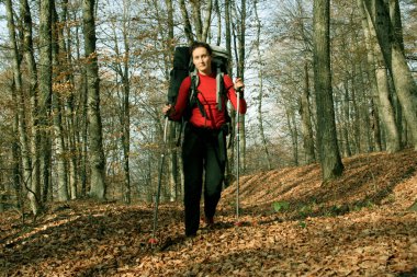 parkta sırt çantaları ile genç bir çift. Sonbahar.