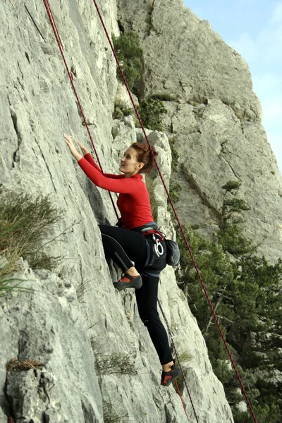 Jovem escalando parede vertical com vista para o vale no fundo — Fotografia de Stock