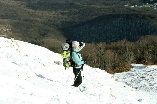 Caminatas en bosque de nieve — Foto de Stock