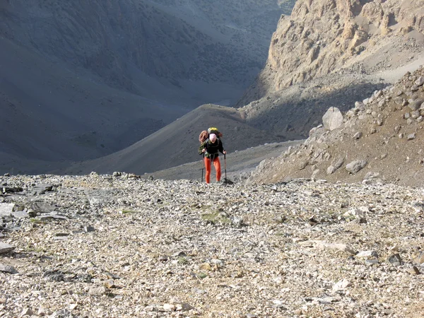 Wanderer mit Rucksack genießen Talblick von der Bergspitze — Stockfoto