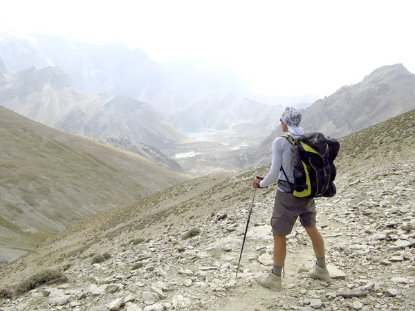 Туристы с рюкзаками наслаждаются видом на долину с вершины горы — стоковое фото