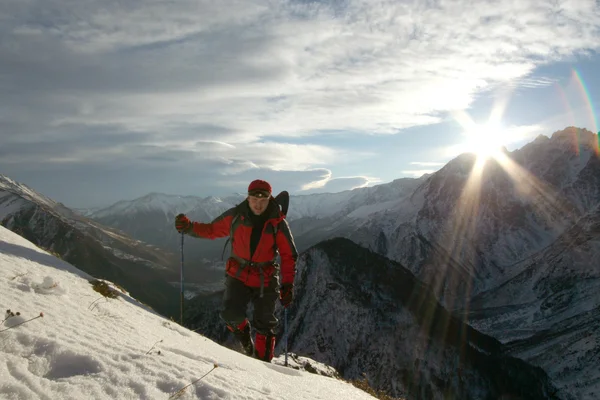 Wandelaars met rugzakken genieten van het uitzicht op de vallei vanaf de top van een berg — Stockfoto