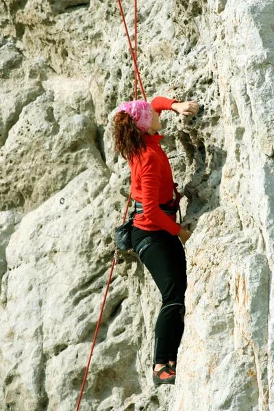 若い女性の渓谷の景色を背景に垂直の壁を登る — ストック写真