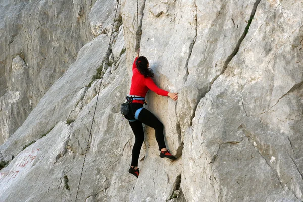 Junge Frau klettert an einer Kalksteinwand mit breitem Tal im Hintergrund — Stockfoto