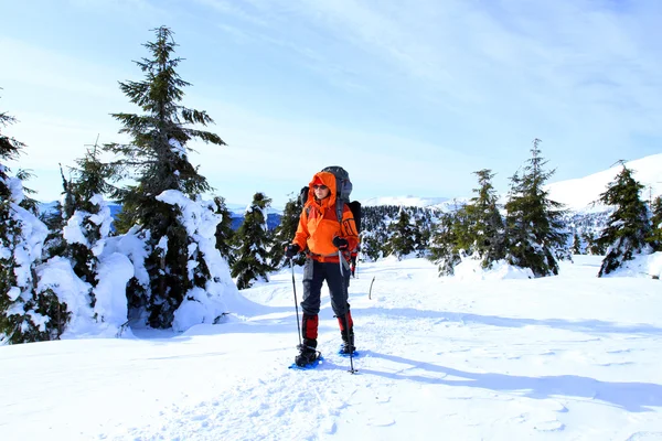 Caminhada de inverno em sapatos de neve . — Fotografia de Stock