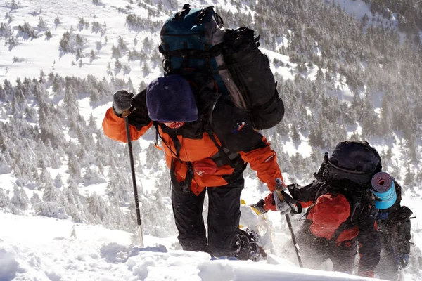 Πεζοπόρος στα βουνά χειμώνα snowshoeing — Φωτογραφία Αρχείου