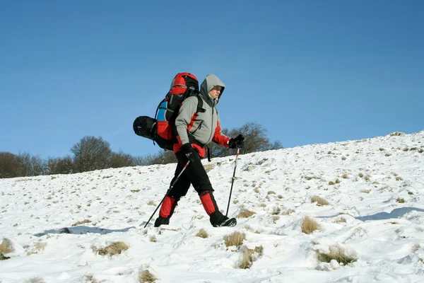 Caminante en invierno montañas raquetas de nieve — Foto de Stock