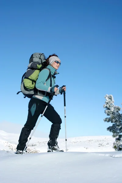 Πεζοπόρος στα βουνά χειμώνα snowshoeing — Φωτογραφία Αρχείου