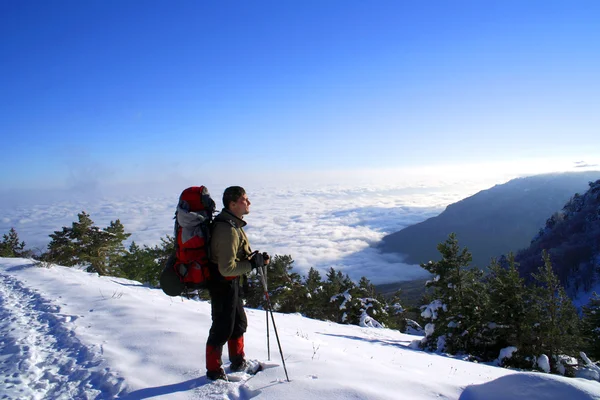 Winterwandelen in sneeuwschoenen. — Stockfoto