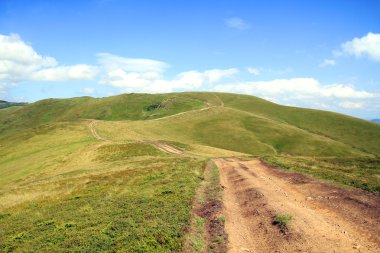 Yeşil çimenli, yollu ve bulutlu yaz manzarası