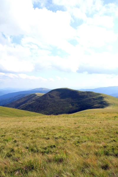 Літній пейзаж з зеленою травою, дорогою і хмарами — стокове фото