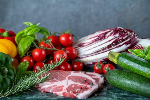 Fresh Piece Meat Spices Assorted Vegetables Dark Green Marble Board — Stock Photo, Image