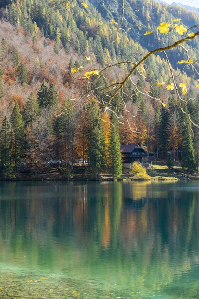 Mountain Lake Autumn Trees Mighty Mountains Sunlight — Stock Photo, Image