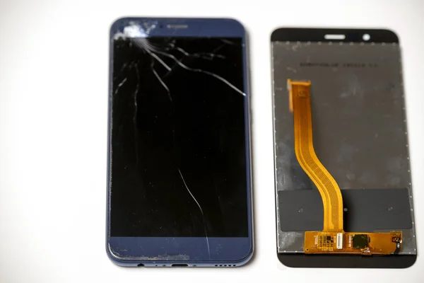 Broken Phone New Screen Close White Background — Stock Photo, Image