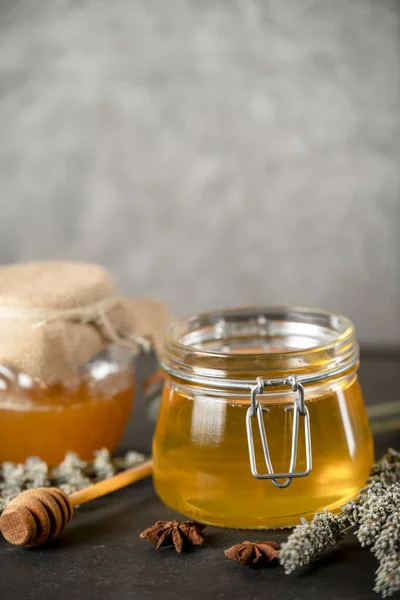 Flower Honey Jars Wooden Spoon Honey Dark Background — Stock Photo, Image