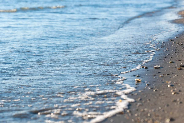 Praia Arenosa Pontilhada Com Pequenas Conchas Fundo Água Mar Transparente — Fotografia de Stock