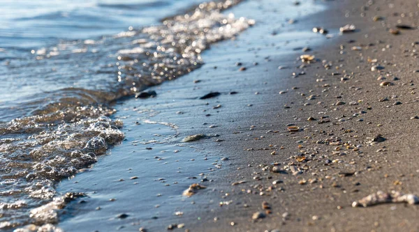 Playa Arena Salpicada Pequeñas Conchas Sobre Fondo Agua Mar Transparente — Foto de Stock
