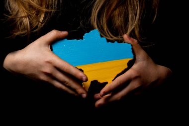 Tahtadan oyulmuş ve Ukrayna bayrağının renklerine boyanmış bir Ukrayna haritası.