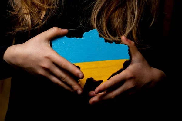 Tahtadan oyulmuş ve Ukrayna bayrağının renklerine boyanmış bir Ukrayna haritası.