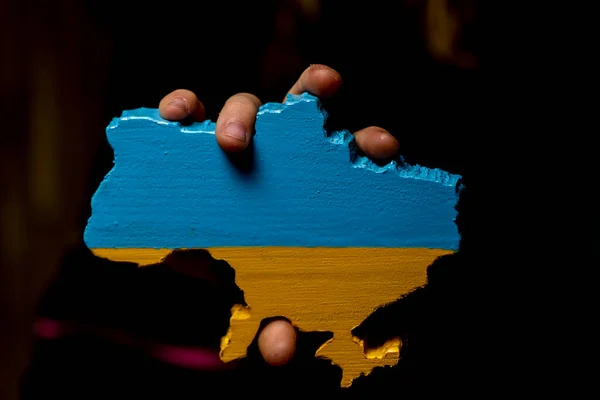 Tahtadan oyulmuş ve Ukrayna bayrağının renklerine boyanmış bir Ukrayna haritası.