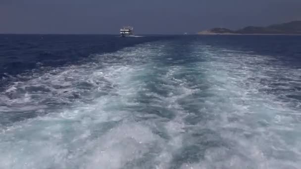 Ferryboat on Mediterranean Sea in Greece, Cruise Ferry Sailing, Trip Boat with Tourists, Ship in Summer Vacation — Stock Video