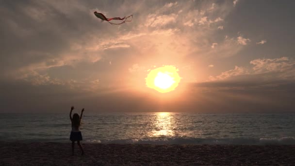 Bambino che gioca sulla spiaggia su Seashore, Bambino che vola aquilone al tramonto sull'oceano, Bambina sulla costa in vacanza estiva — Video Stock