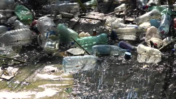 Znečištění, Plastové láhve v horské řece, Odpad v tekoucí vodě, Znečištěné odpadky, Znečišťující příroda, Globální oteplující katastrofa — Stock video