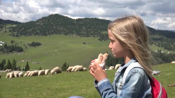 Boer Kid eten Sandwich tijdens het weiden schapen in de bergen, Shepherd Child Taking Snack, Hongerig meisje op de picknick op Camping — Stockvideo