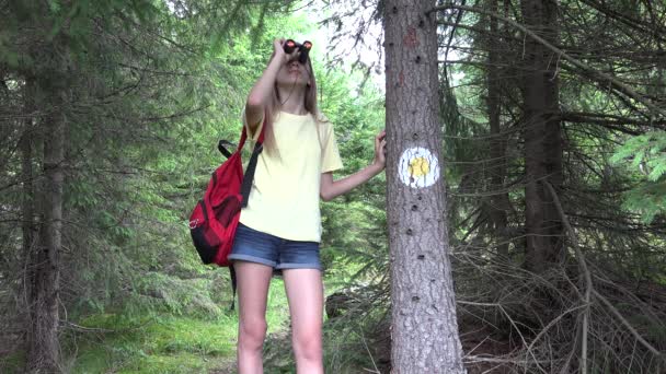 Dívka s dalekohledem v horském lese, Turistický Kid Turistika v kempu, Dřevěné alpské stezky, Dětské cestování na výletě, Exkurze — Stock video