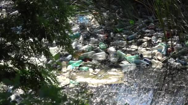 Contaminación, Botellas de plástico en Mountain River, Basura en el agua corriente, Basura contaminada, Naturaleza contaminante, Desastre del calentamiento global — Vídeos de Stock