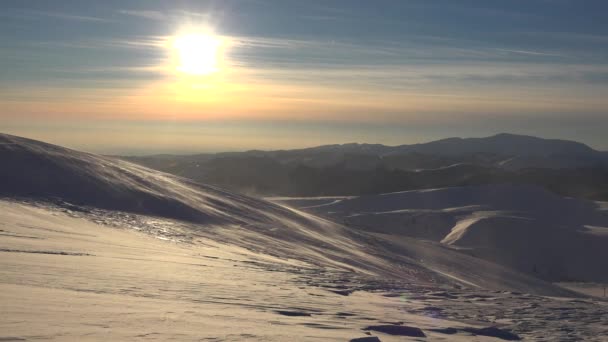 Blizzard Mountains Sunset Snowing Winter View Snowstorm Alpine Landscape Ski — Stock Video