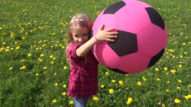 Child Playing Ball Park Kid Plays Toys Grass Girl Walking — Stock Video