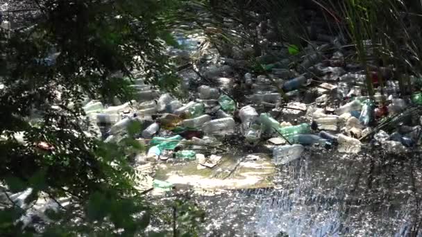 Pollution, Plastic Bottles in Mountain River, Garbage in Running Water, Trash Polluted, Polluting Nature, Global Warming Disaster — Stock Video