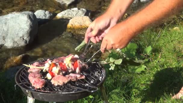 ピクニックでのグリル フライドチキン バーベキューでの豚肉 バーベキューでの串焼き Bbqでの肉 山の川でのキャンプでの男の料理 — ストック動画