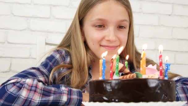 Kid Birthday Party, Child Blowing Candles, Girl with a Cake as Gift for her Anniversary, Family, Children Celebration — Stock Video