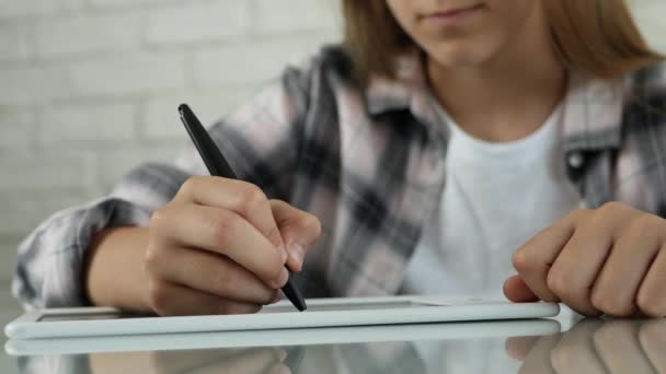 Kid Writing Tablet Child Writes Homework School Girl Hand Studying — Stock Video
