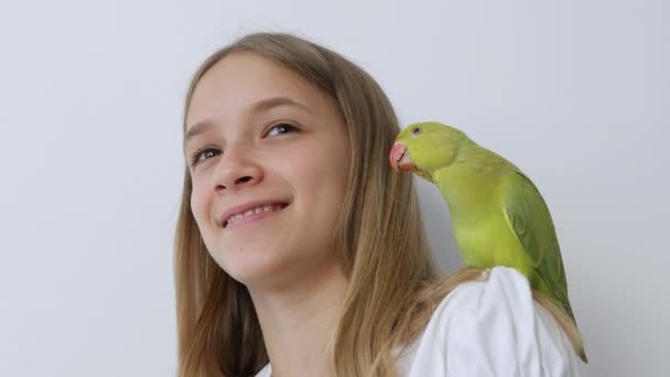 ( 영어 ) Kid Talk Parrot, Happy Girl Playing her Pet, Child Plays Bird at Home, Funny Indian Ring-Necked Parakeet Birds Cage Family — 비디오