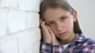 Sad Girl, Young Sick Kid, Unhappy Expression of Child, Thoughtful Abused Adolescent, Hopeless Ill Teenager Face in Depression