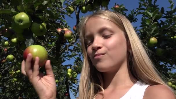 Παιδί Τρώει Μήλο Rustic Kid Orchard Δοκιμάζοντας Φρούτα Στο Δέντρο — Αρχείο Βίντεο