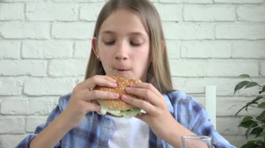 Child Eating Fast Food, Adolescent Kid Eats Hamburger in Restaurant, Teenager Girl with Unhealthy Cheeseburger Sandwiches, Snacks