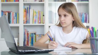 Student Child Writing at Laptop, Online School Education, Teenager Kid Learning, Girl Studying in Coronavirus Pandemic, Homework