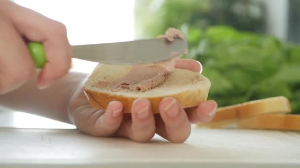 Child Making Sandwich Breakfast Kid Spreading Liver Pate Slice Bread — Stockvideo