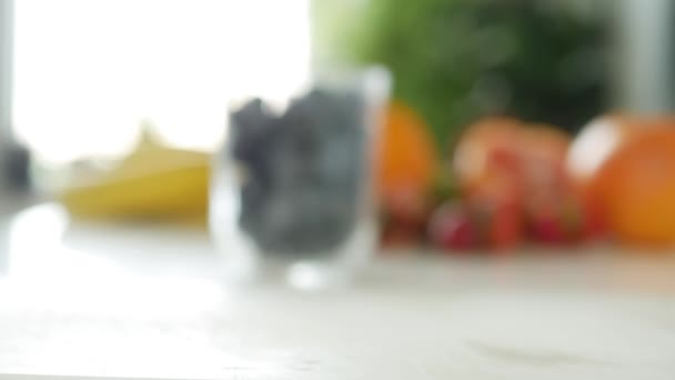 Cranberries Huckleberry Glass Preparing Bilberry Smoothie Milkshake Kitchen Fresh Fruits — Stock video