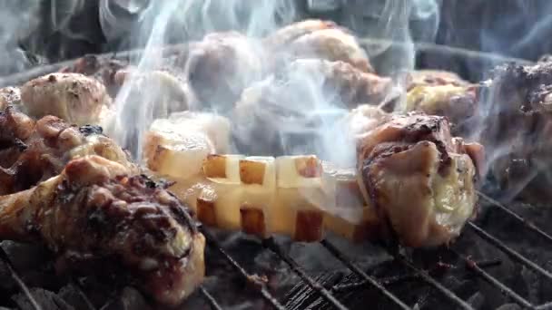 Grill View Picnic Camping Mixed Frying Bacon Pork Chicken Meat — Video Stock