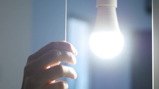 Girl Turn Light Dark Room Woman Turning Light Led Bulb — Stock Video