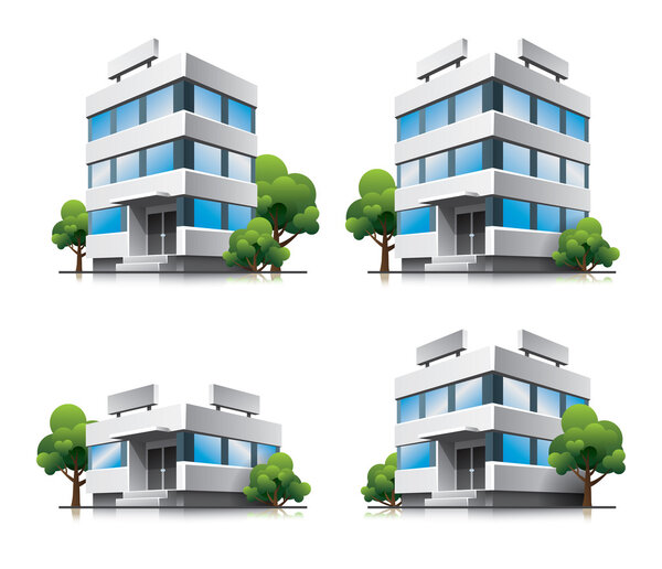 Four cartoon office buildings with trees.