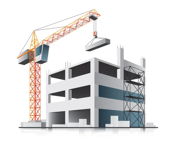 Construcción de edificios con grúa — Vector de stock
