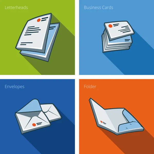 Ensemble d'icônes stationnaires avec en-têtes de lettre, cartes de visite, enveloppe et dossier — Image vectorielle